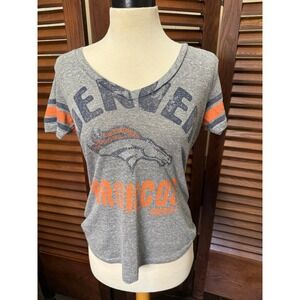 NFL Denver Broncos Women's V Neck T Shirt Gray Orange Rhinestone Logo Size S